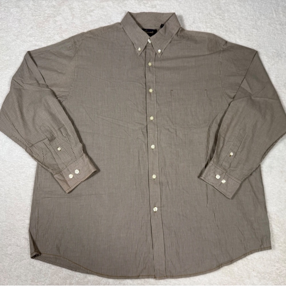 Roundtree & Yorke Casuals Shirt Mens XL Brown Pinstripe Cotton Good Button Down